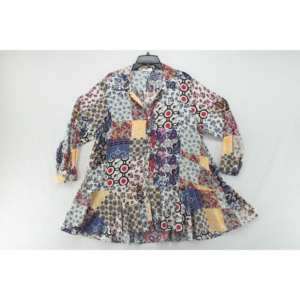 For The Republic Top Womens L Boho Patchwork Floral Tunic Festival Gypsy Artsy